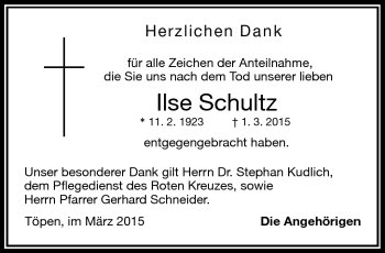 Traueranzeige von Ilse Schultz von Frankenpost