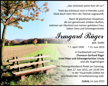 Traueranzeige von Irmgard Rüger von Südthüringer Presse