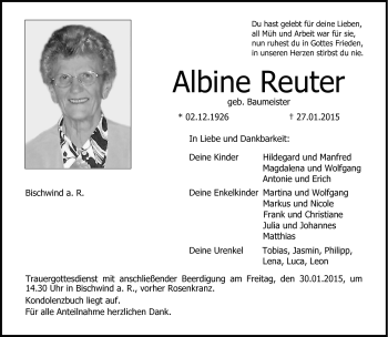 Traueranzeige von Albine Reuter von Neue Presse Coburg