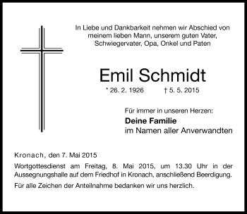 Traueranzeige von Emil Schmidt von Neue Presse Coburg