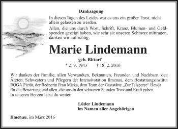 Traueranzeige von Marie Lindemann von Südthüringer Presse