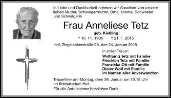 Traueranzeige von Anneliese Tetz von Frankenpost