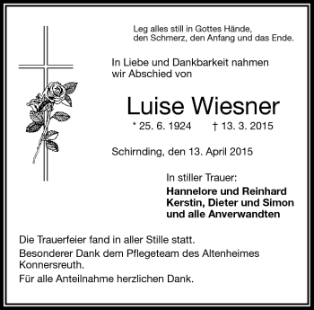 Traueranzeige von Luise Wiesner von Frankenpost