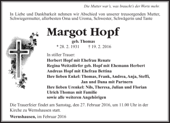 Traueranzeige von Margot Hopf von Südthüringer Presse