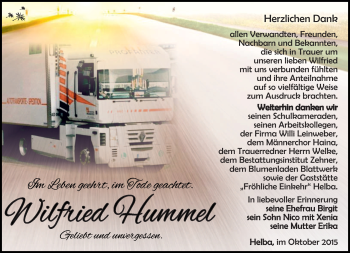 Traueranzeige von Wilfried Hummel von Südthüringer Presse