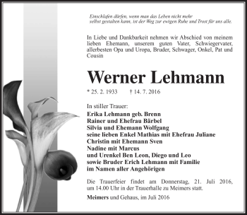 Traueranzeige von Werner Lehmann von Südthüringer Presse