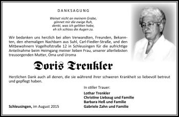 Traueranzeige von Doris Trenkler von Südthüringer Presse