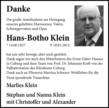 Traueranzeige von Hans-Botho Klein von Neue Presse Coburg