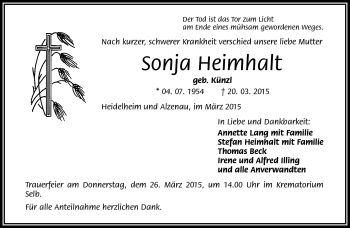 Traueranzeige von Sonja Heimhalt von Frankenpost
