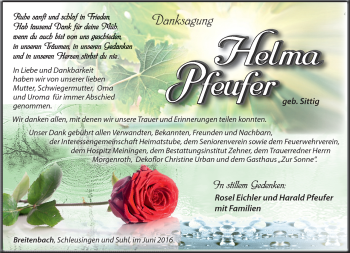 Traueranzeige von Helma Pfeufer von Südthüringer Presse