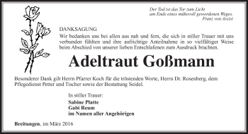 Traueranzeige von Adeltraut Goßmann von Südthüringer Presse