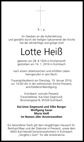 Traueranzeige von Lotte Heiß von Frankenpost