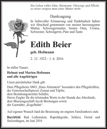Traueranzeige von Edith Beier von Südthüringer Presse