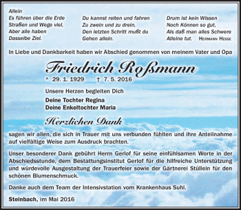 Traueranzeige von Friedrich Roßmann von Südthüringer Presse