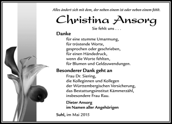 Traueranzeige von Christina Ansorg von Südthüringer Presse