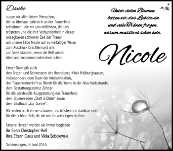 Traueranzeige von Nicole Heß von Südthüringer Presse