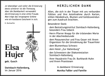 Traueranzeige von Elsa Hujer von Südthüringer Presse