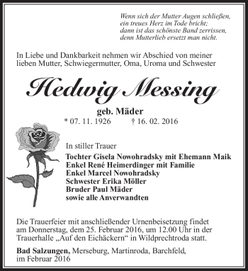 Traueranzeige von Hedwig Messing von Südthüringer Presse