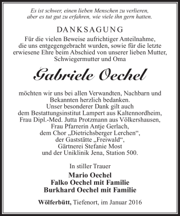 Traueranzeige von Gabriele Oechel von Südthüringer Presse
