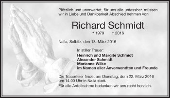 Traueranzeige von Richard Schmidt von Frankenpost