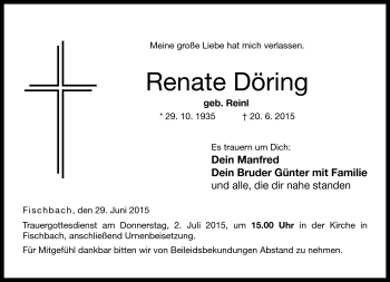 Traueranzeige von Renate Döring von Neue Presse Coburg