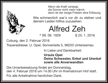 Traueranzeige von Alfred Zeh von Frankenpost