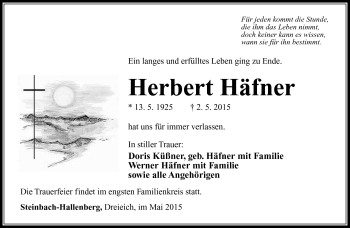 Traueranzeige von Herbert Häfner von Südthüringer Presse