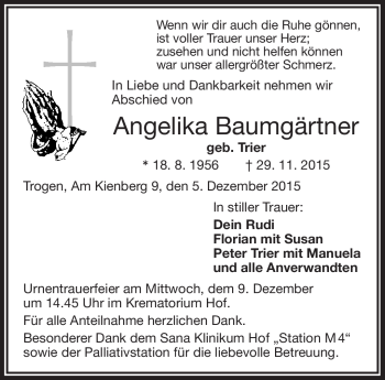 Traueranzeige von Angelika Baumgärtner von Frankenpost