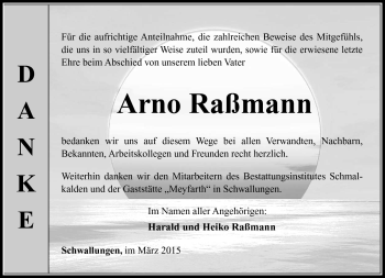 Traueranzeige von Arno Raßmann von Südthüringer Presse