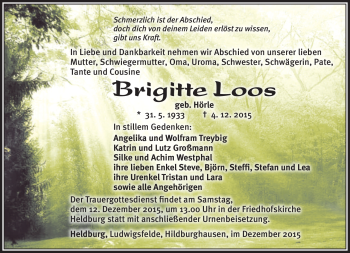 Traueranzeige von Brigitte Loos von Südthüringer Presse