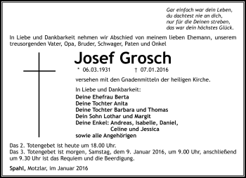 Traueranzeige von Josef Grosch von Südthüringer Presse