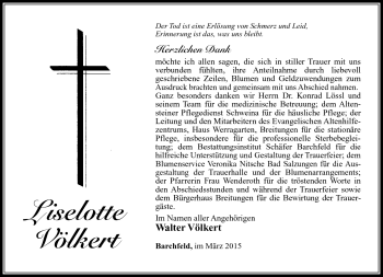 Traueranzeige von Liselotte Völkert von Südthüringer Presse