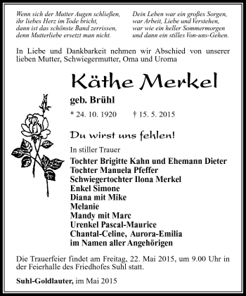 Traueranzeige von Käthe Merkel von Südthüringer Presse