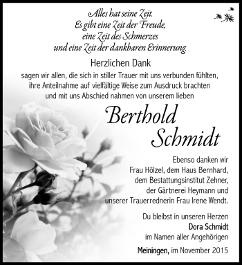 Traueranzeige von Berthold Schmidt von Südthüringer Presse