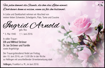 Traueranzeige von Ingrid Arnold von Südthüringer Presse
