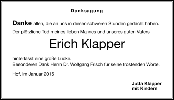 Traueranzeige von Erich Klapper von Frankenpost