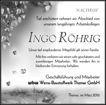 Traueranzeige von Ingo Röhrig von Südthüringer Presse