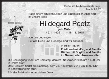 Traueranzeige von Hildegard Peetz von Frankenpost