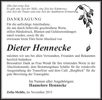 Traueranzeige von Dieter Hennecke von Südthüringer Presse