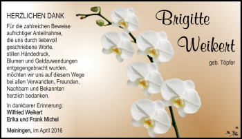 Traueranzeige von Brigitte Weikert von Südthüringer Presse