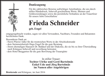 Traueranzeige von Frieda Schneider von Südthüringer Presse