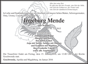 Traueranzeige von Ingeburg Mende von Südthüringer Presse