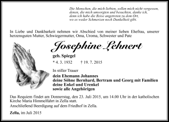 Traueranzeige von Josephine Lehnert von Südthüringer Presse