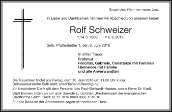 Traueranzeige von Rolf Schweizer von Frankenpost