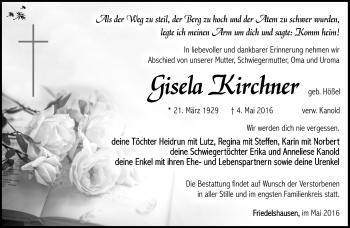 Traueranzeige von Gisela Kirchner von Südthüringer Presse