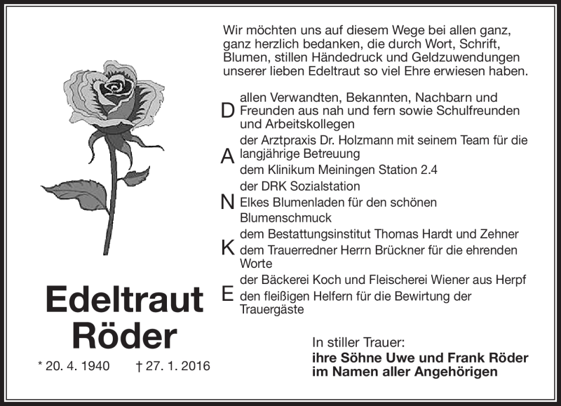  Traueranzeige für Edeltraut Röder vom 17.02.2016 aus Südthüringer Presse