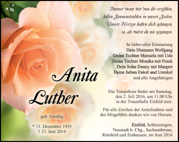 Traueranzeige von Anita Luther von Südthüringer Presse