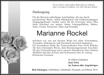 Traueranzeige von Marianne Rockel von Südthüringer Presse