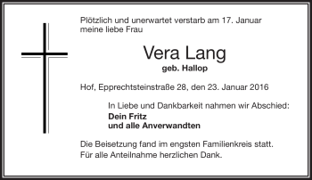 Traueranzeige von Vera Lang von Frankenpost