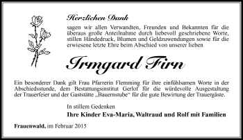 Traueranzeige von Irmgard Firn von Südthüringer Presse